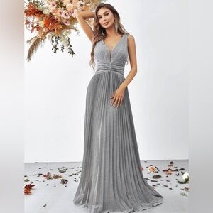 Ruched Front Pleated Hem Glitter Formal Dress
